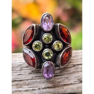 Vintage Sterling Silver, Garnet, Amethyst & Citrine Nicky Butler Ring, Size 5.5